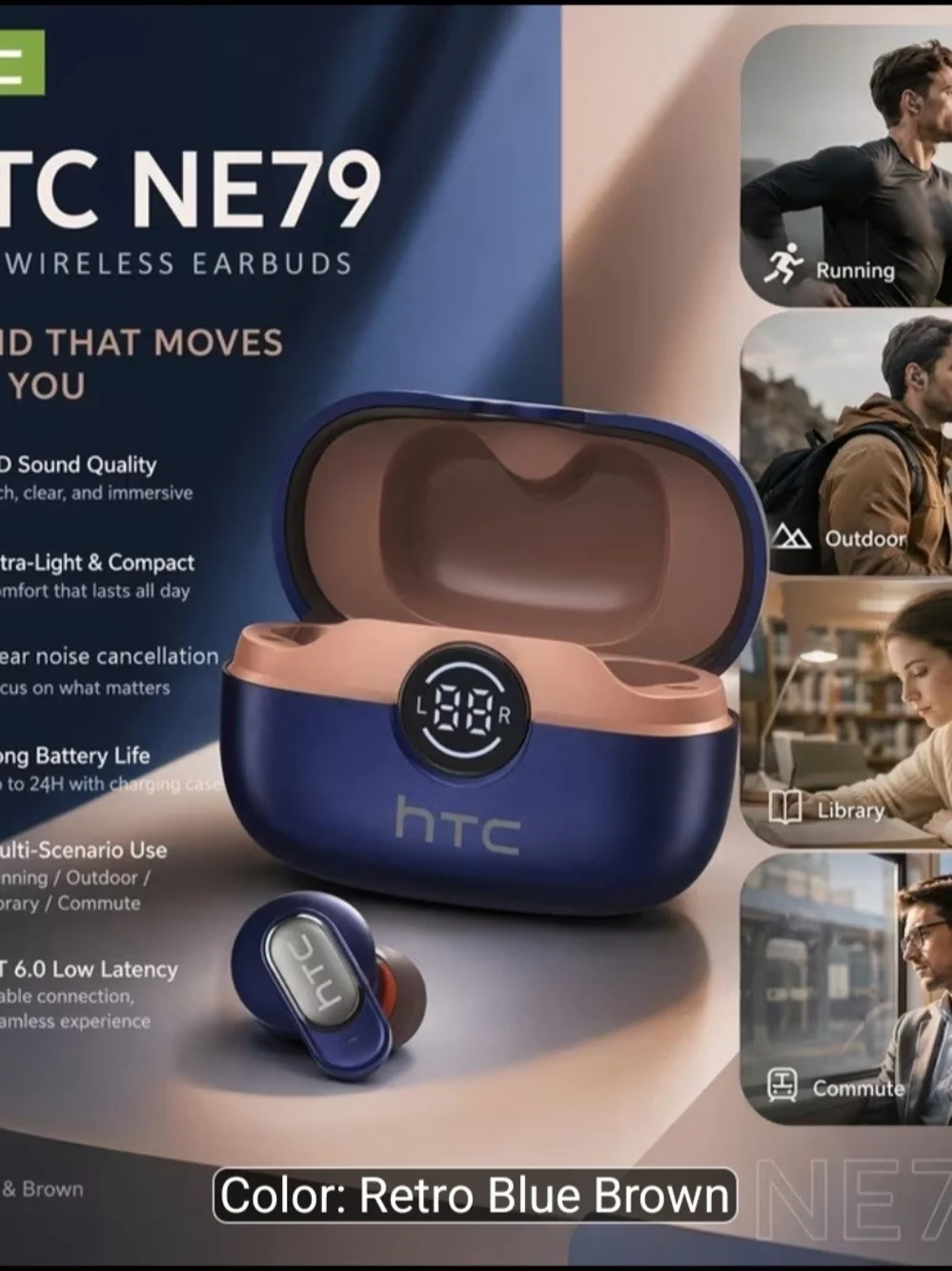HTC NE79 Retro Blue Brown Wireless Earbuds - True Wireless Bluetooth